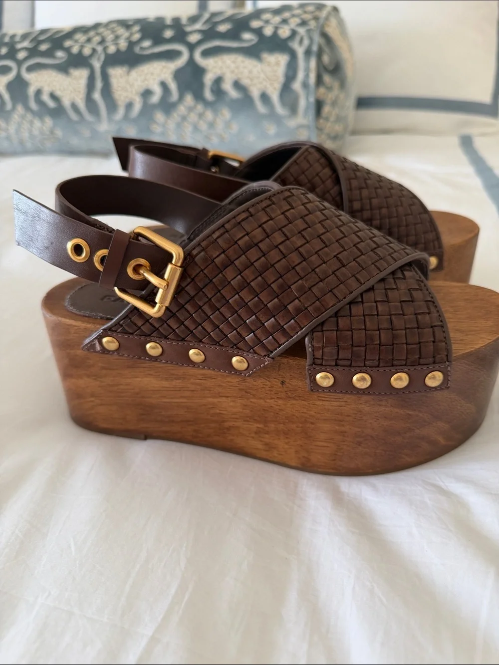 FARM Rio Brown Woven Leather Platform Sandals